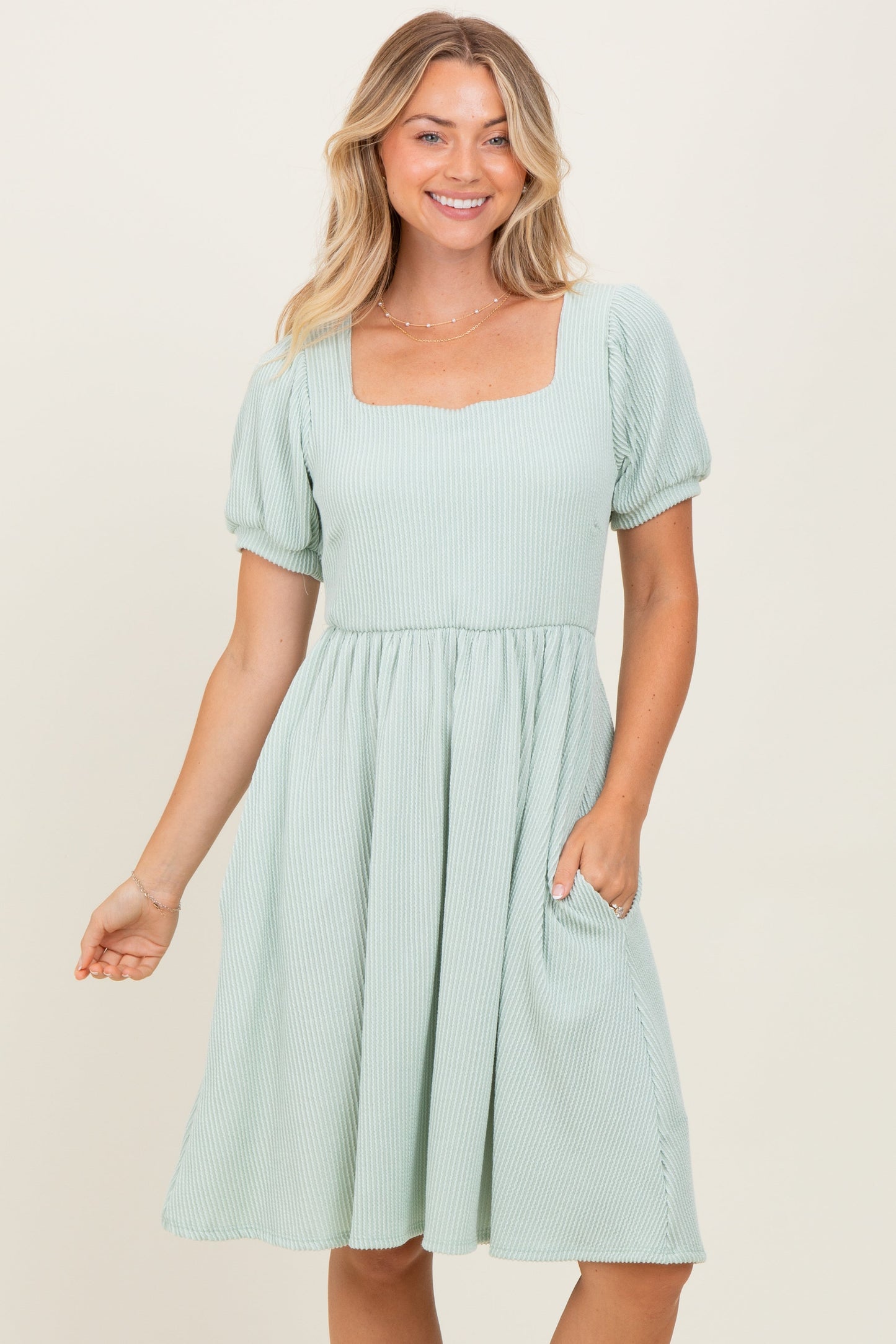Sage Square Neck Puff Sleeve Rib Babydoll Dress