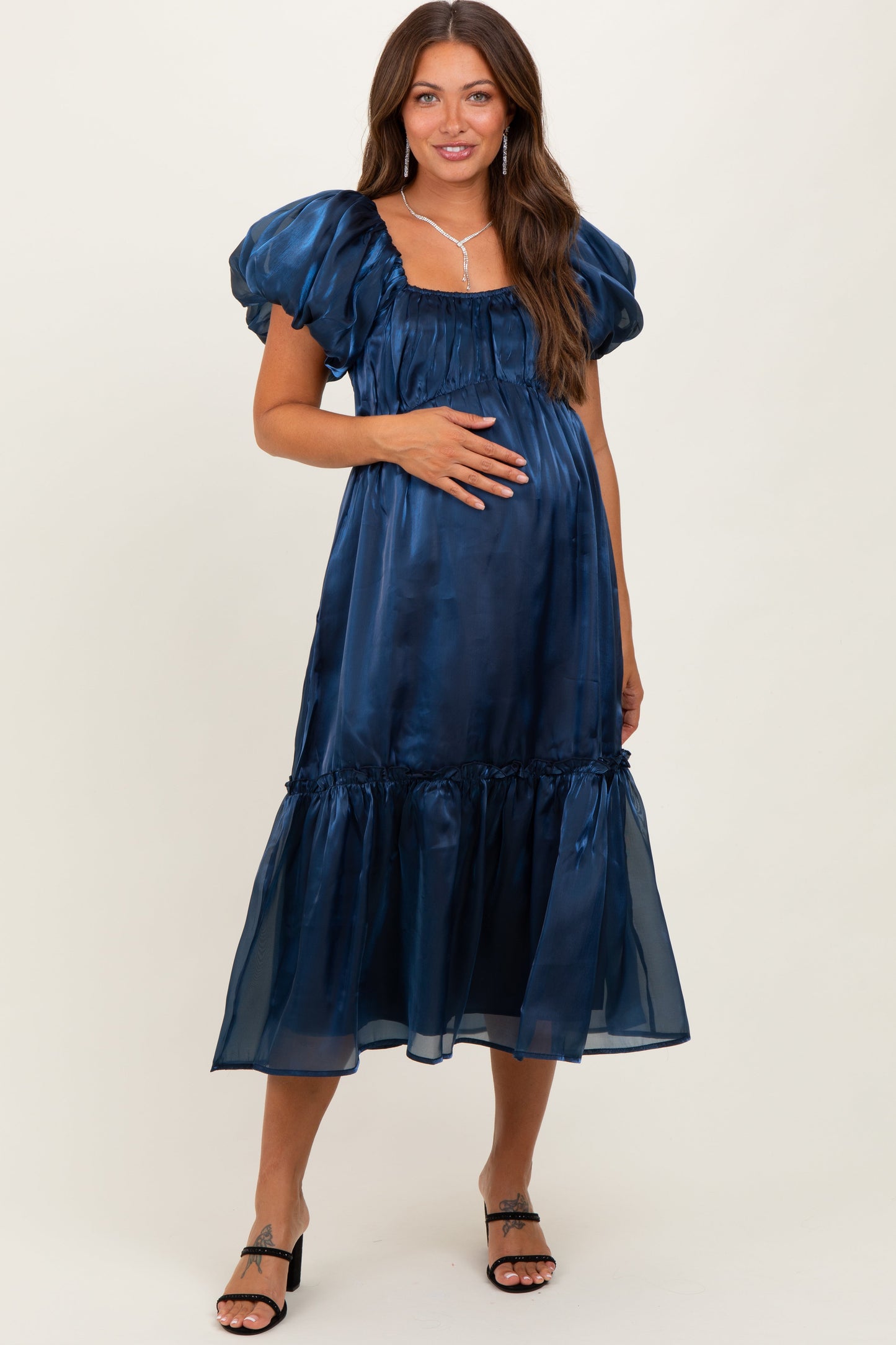 Navy Organza Puff Sleeve Maternity Midi Dress
