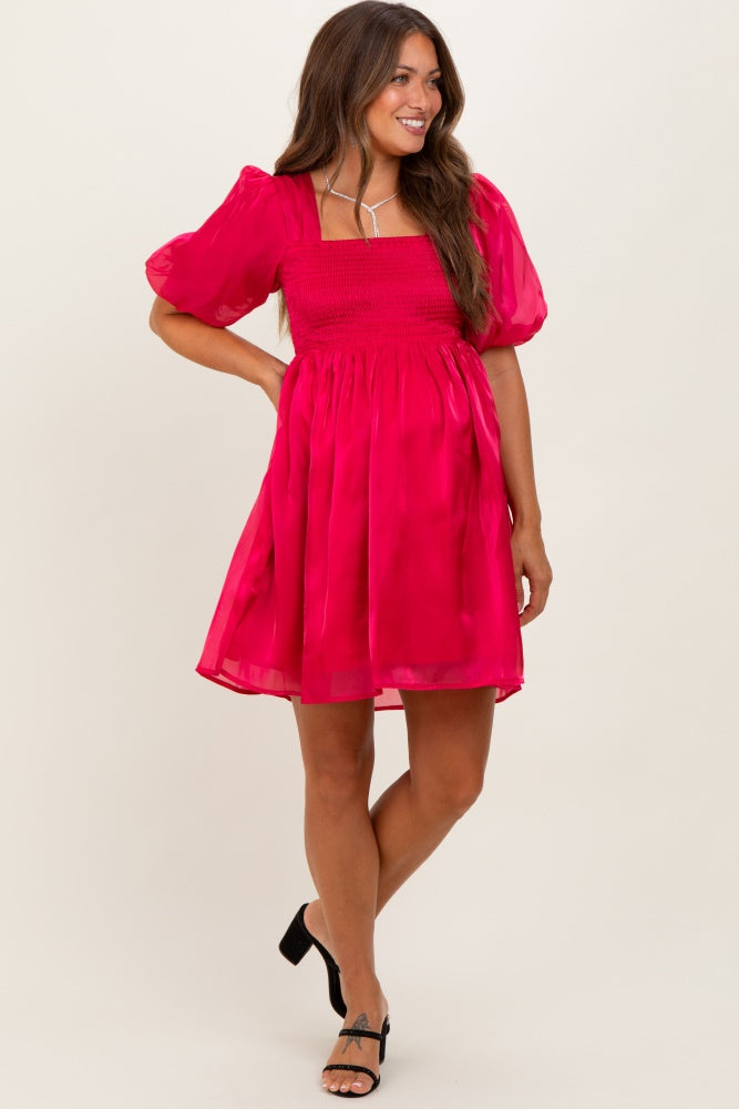 Red Organza Smocked Puff Sleeve Maternity Mini Dress