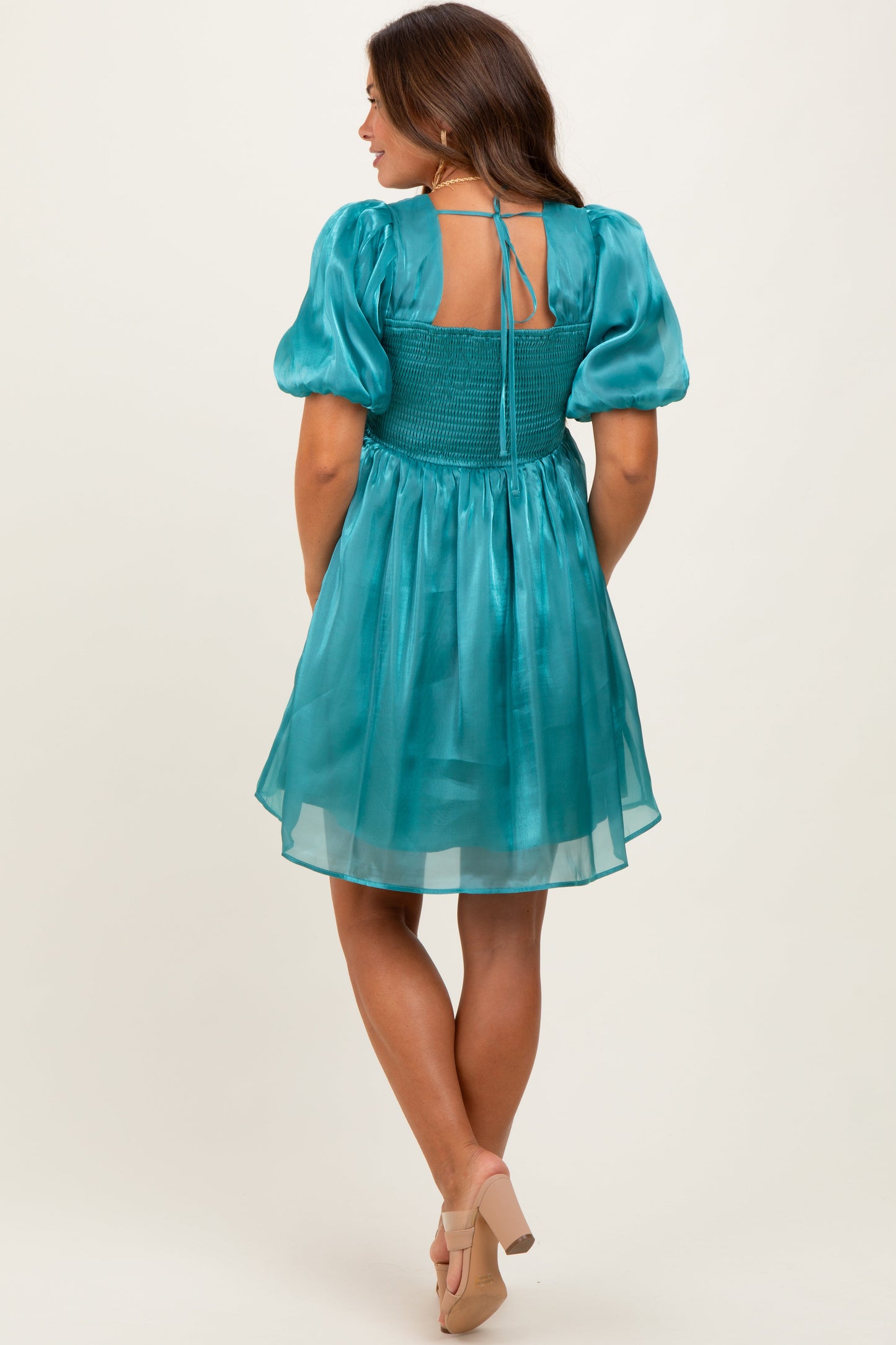 Light Teal Organza Smocked Puff Sleeve Maternity Mini Dress