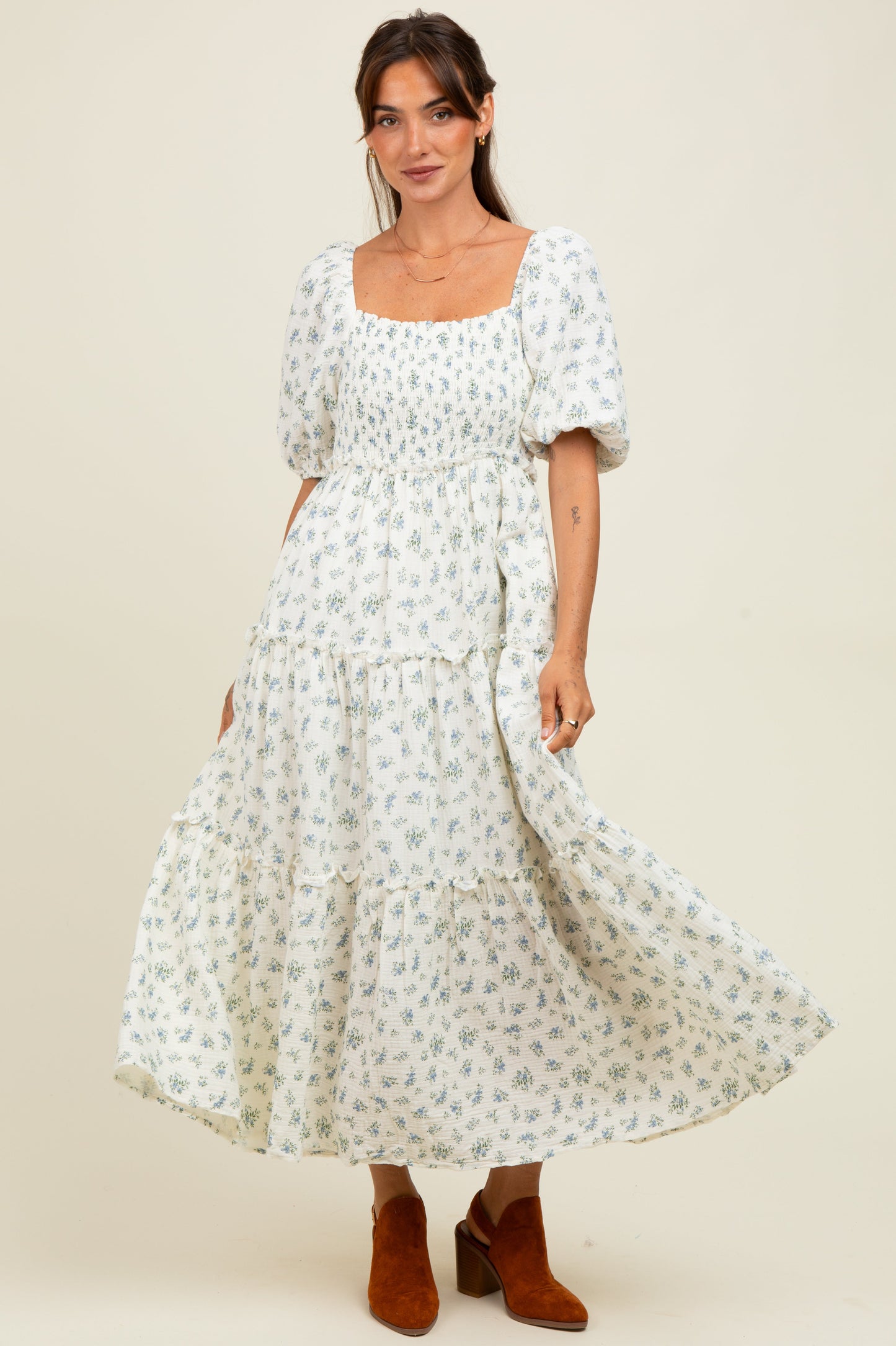 Blue Floral Smocked Ruffle Tiered Maxi Dress