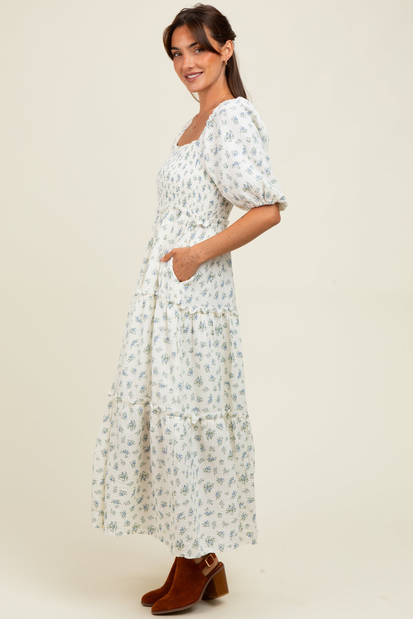 Blue Floral Smocked Ruffle Tiered Maxi Dress