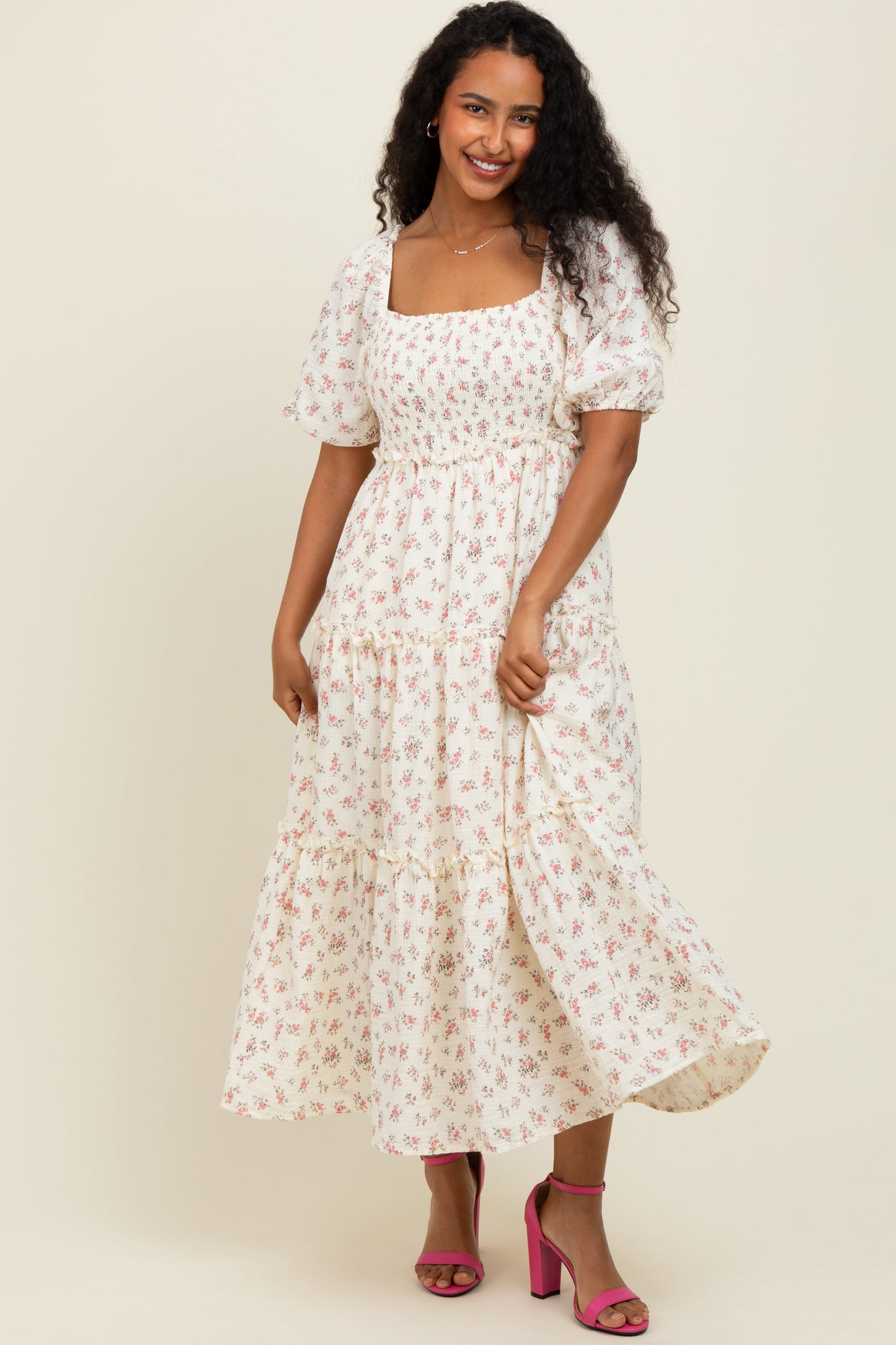 Pink Floral Smocked Ruffle Tiered Maxi Dress