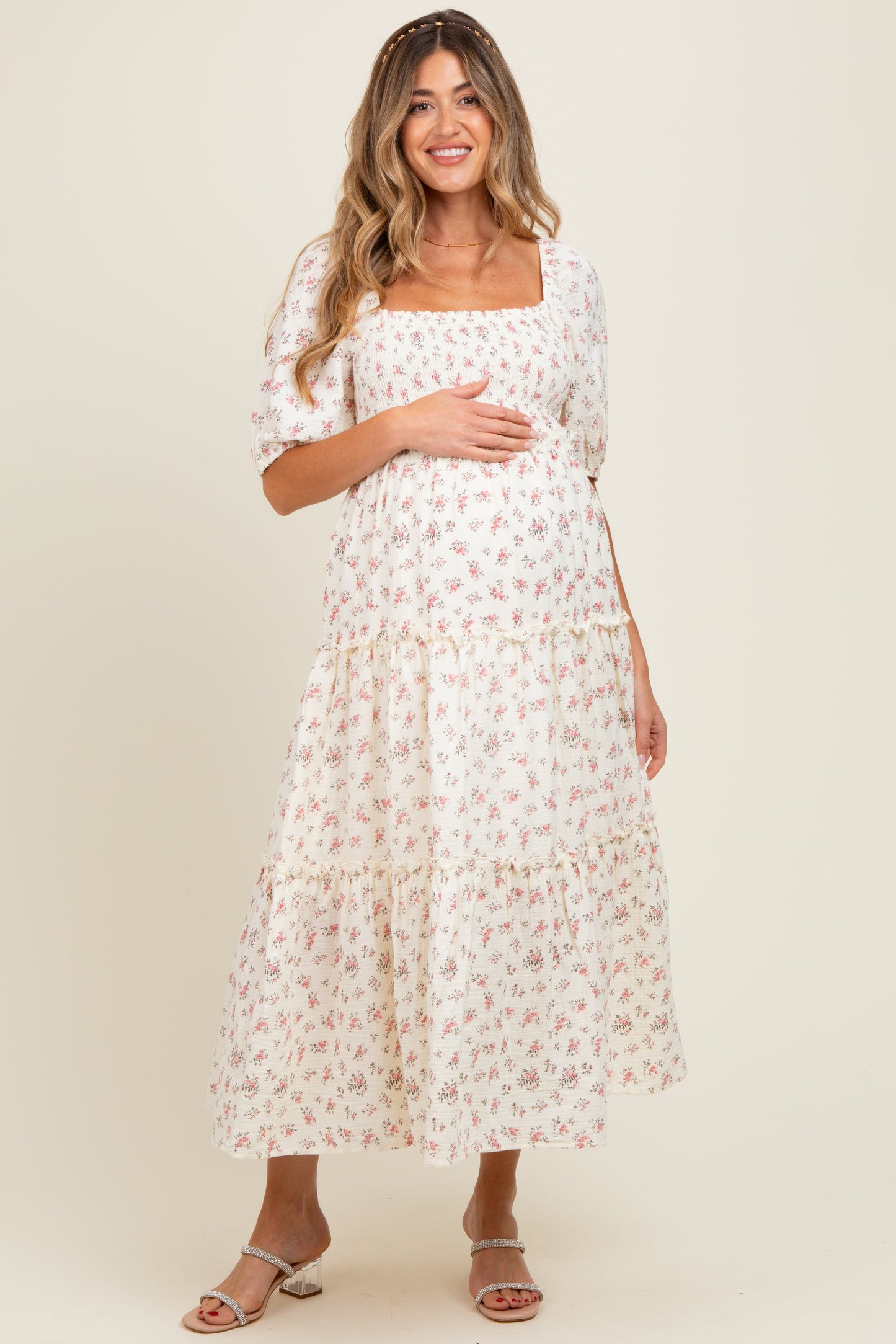 Pink Floral Smocked Ruffle Tiered Maternity Maxi Dress