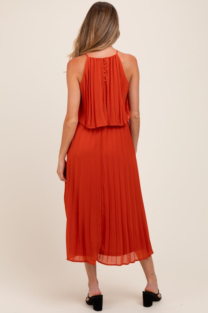 Rust Pleated Woven Maternity Midi Dress