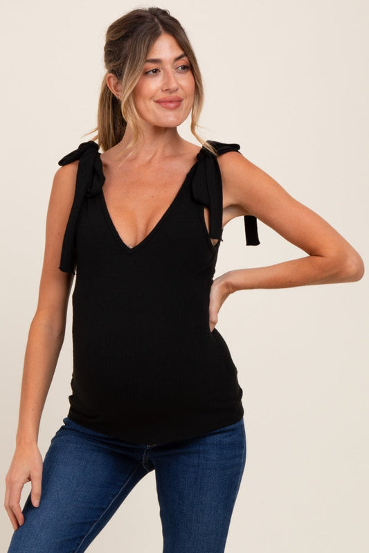 Black Solid Ribbed Sleeveless Tie V-Neck Maternity Top