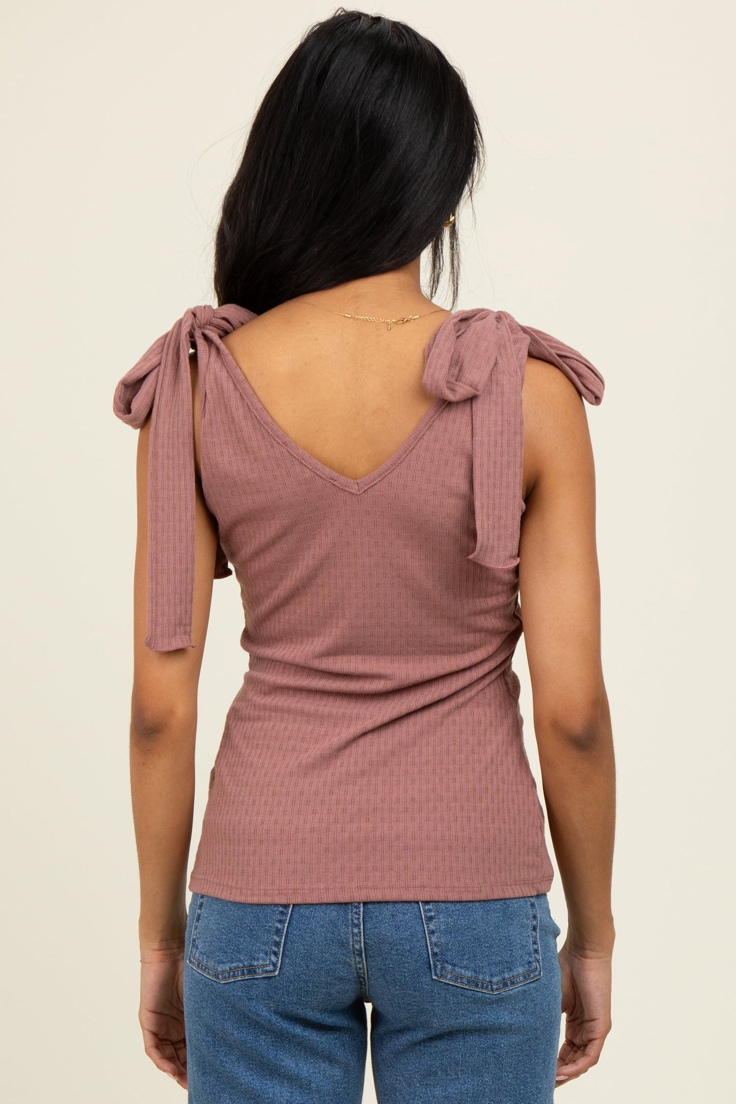 Mauve Solid Ribbed Sleeveless Tie V-Neck Top