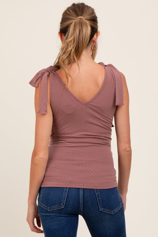 Mauve Solid Ribbed Sleeveless Tie V-Neck Maternity Top