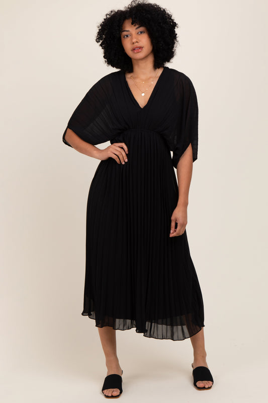 Black Pleated V Neck Maxi Dress