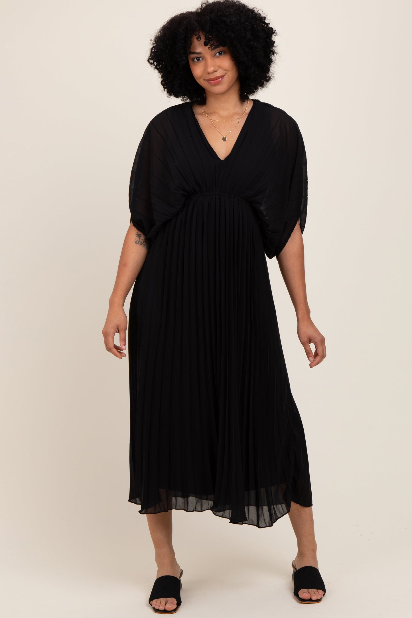 Black Pleated V Neck Maxi Dress