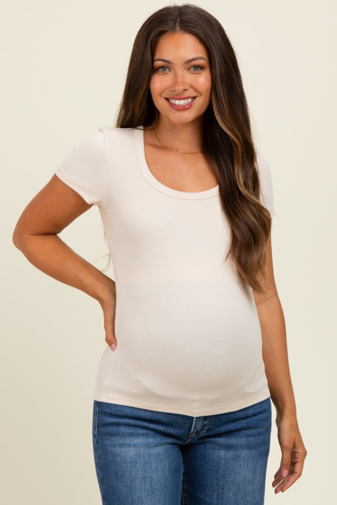 Cream Ribbed Square Neck Maternity T-Shirt