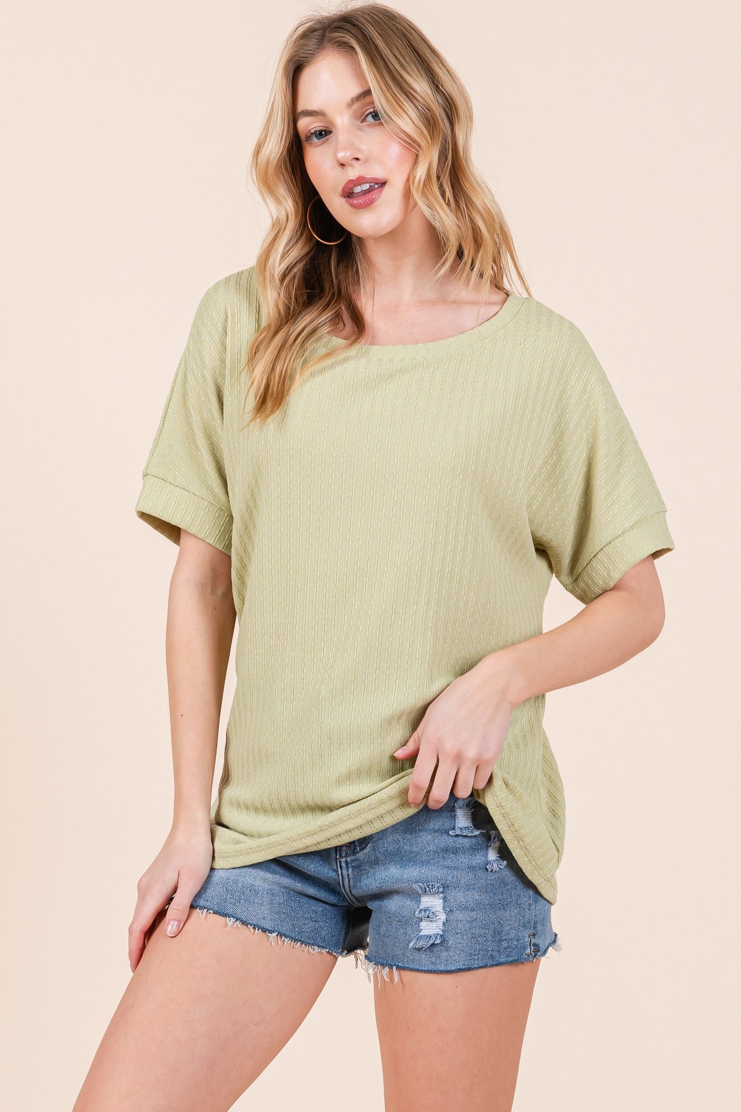 Lime Ribbed Knit Short Sleeve Top
