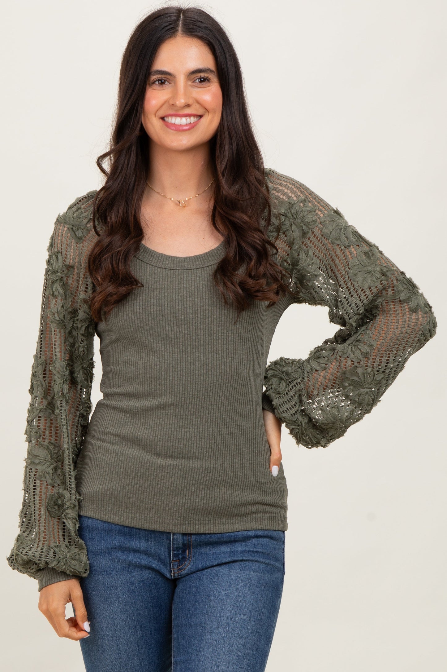 Olive Floral Lace Balloon Sleeve Top
