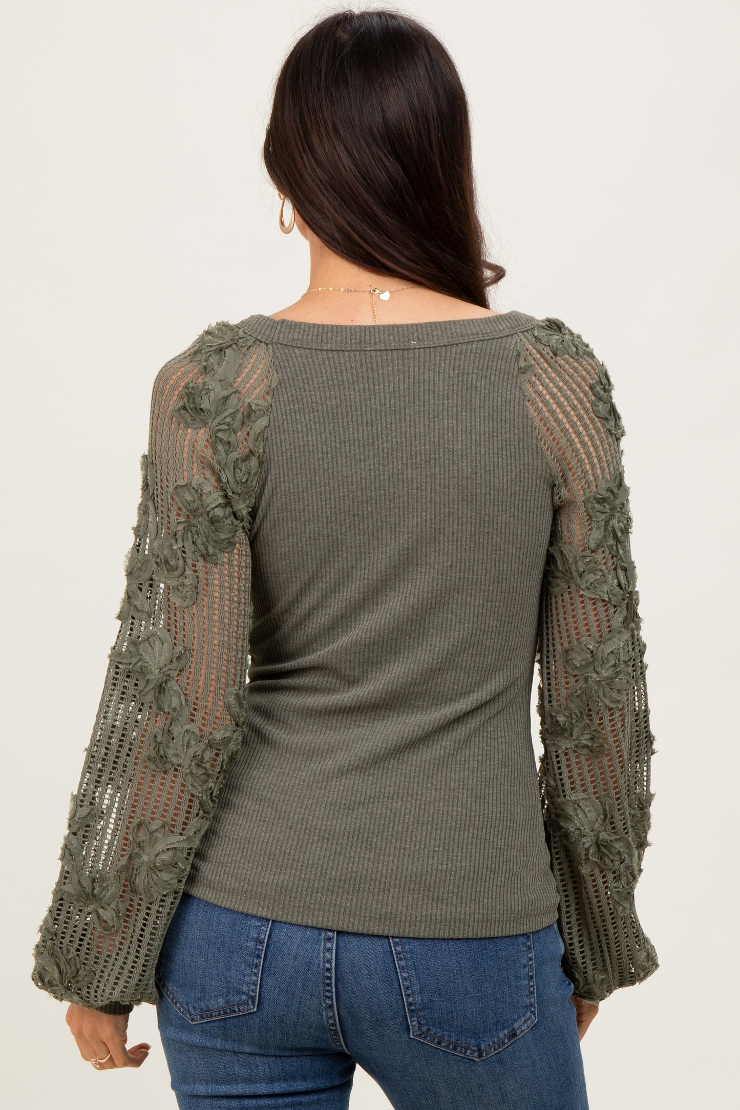 Olive Floral Lace Balloon Sleeve Top