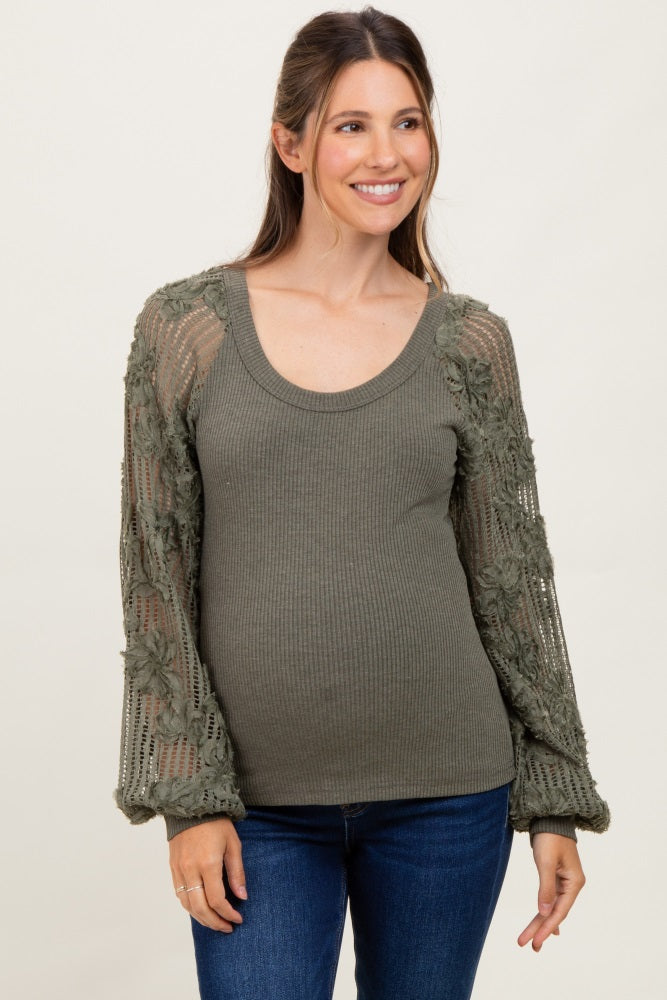 Olive Floral Lace Balloon Sleeve Maternity Top