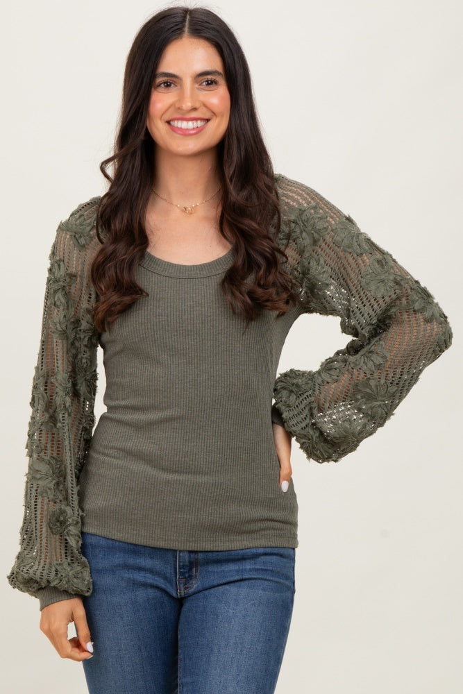 Olive Floral Lace Balloon Sleeve Maternity Top