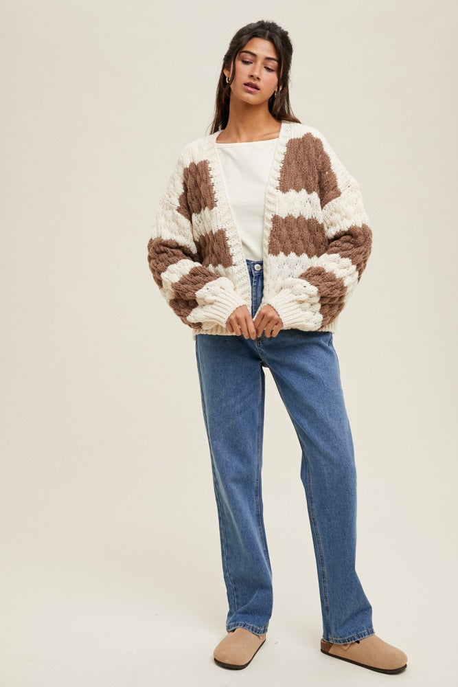 Brown Colorblock Chunky Knit Open Cardigan