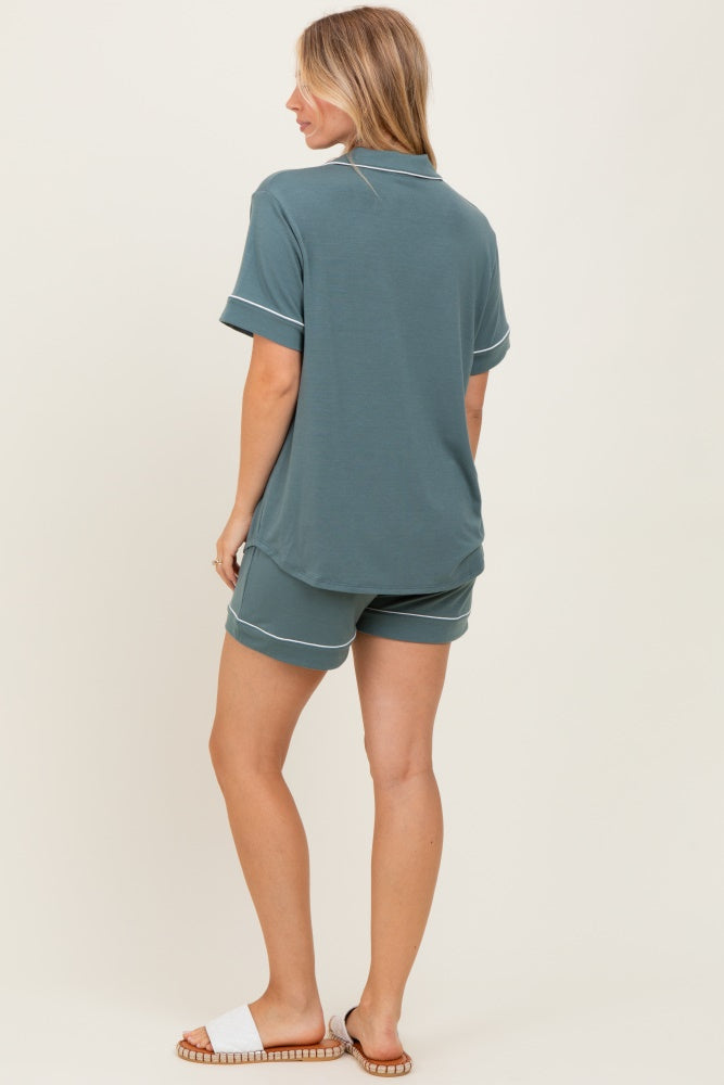 Light Olive Short Sleeve Button Down Shirt Shorts Set