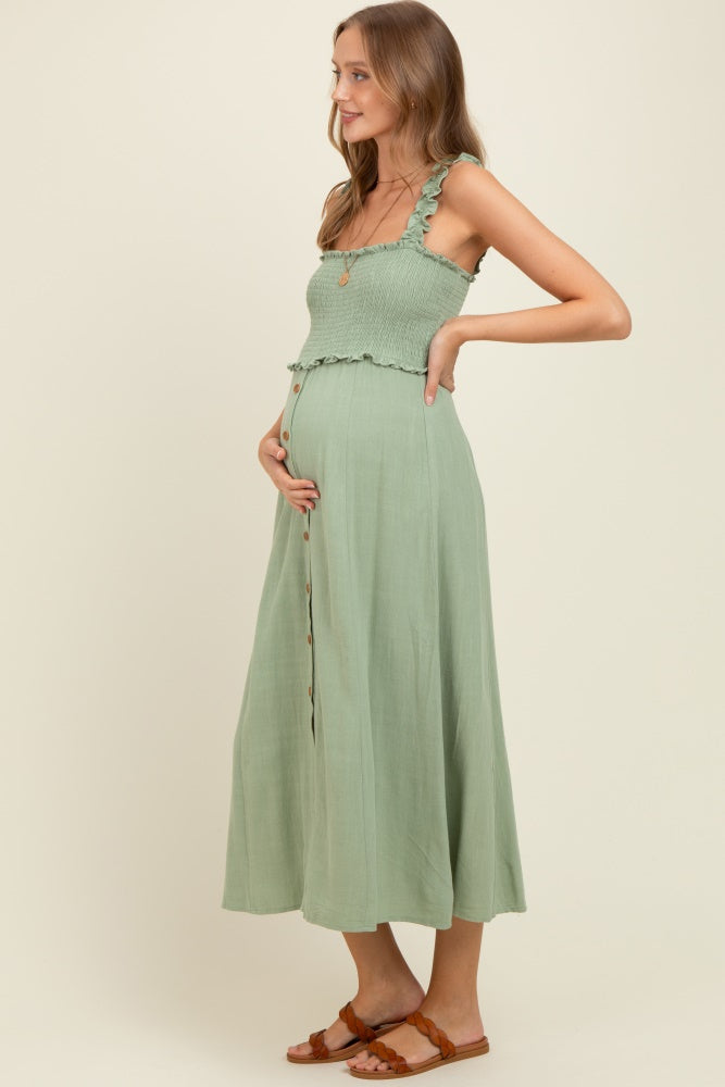 Sage Smocked Button Front Linen Blend Maternity Midi Dress
