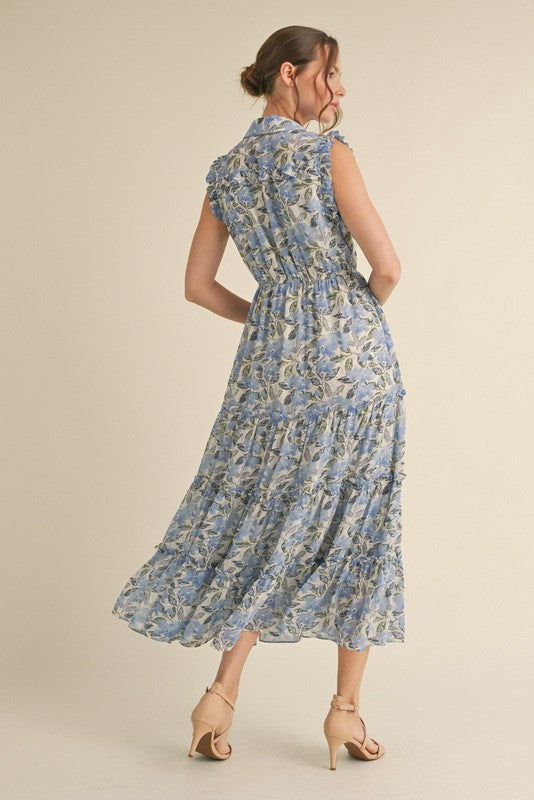 Blue Floral Print Frilled Pocketed Midi Dress