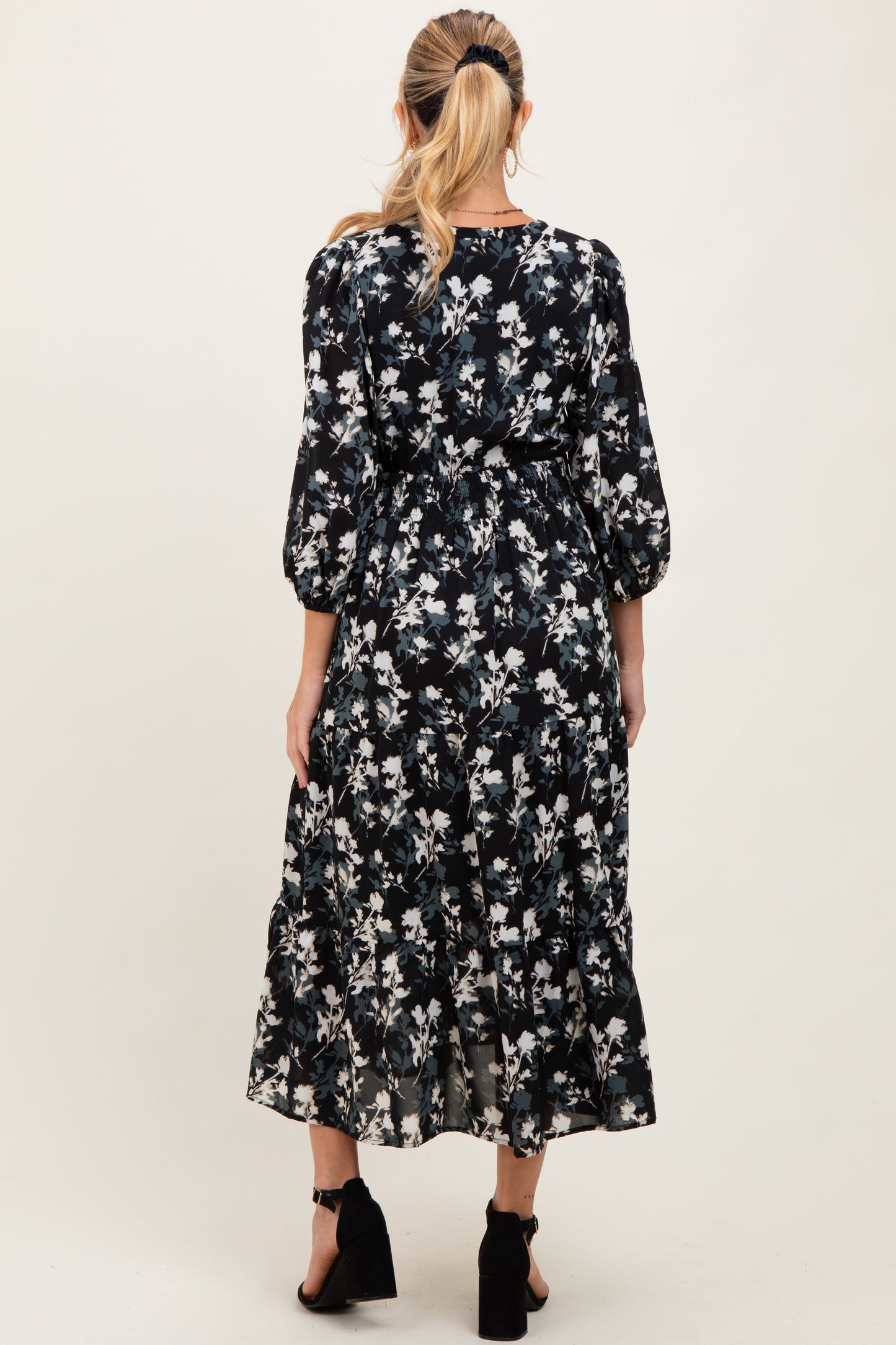 Black Floral Button Front V-Neck Maternity Midi Dress