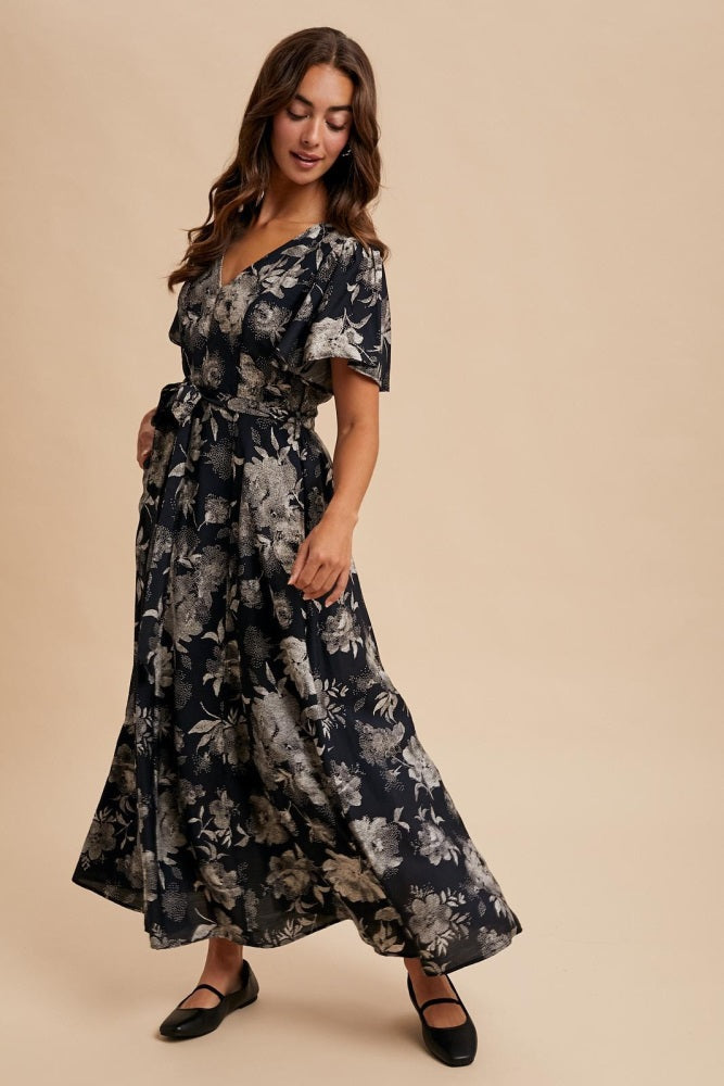 Black Multi Floral Flutter Sleeve Maternity Maxi Dress