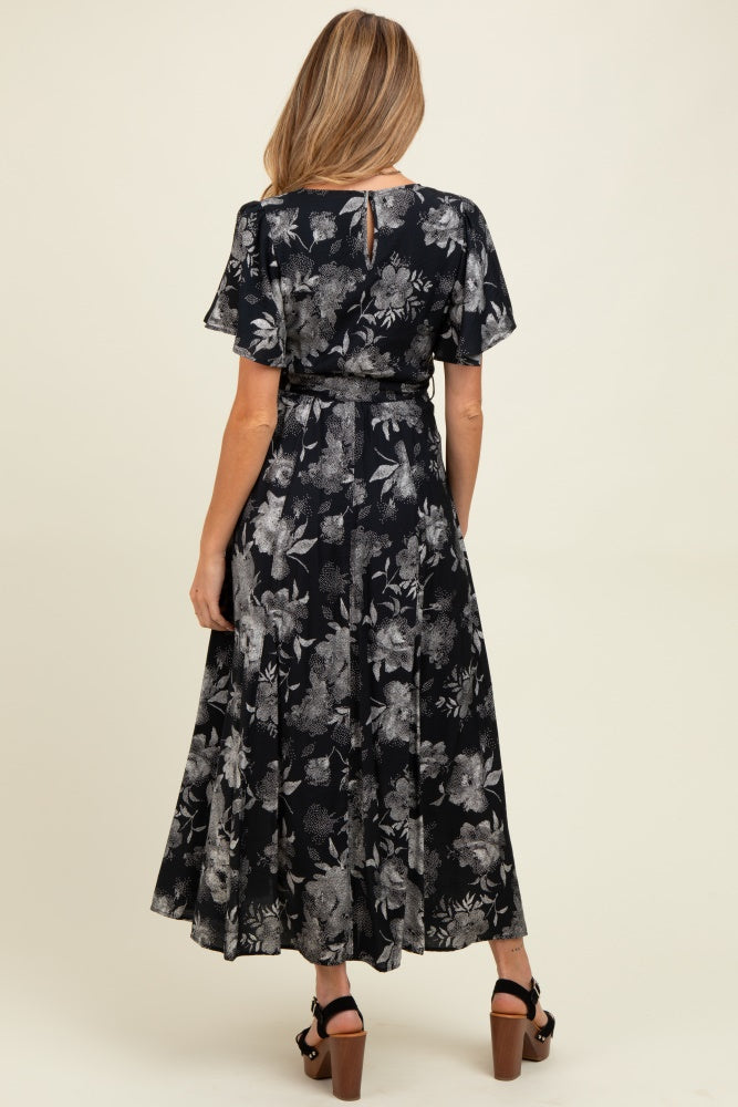 Black Multi Floral Flutter Sleeve Maternity Maxi Dress
