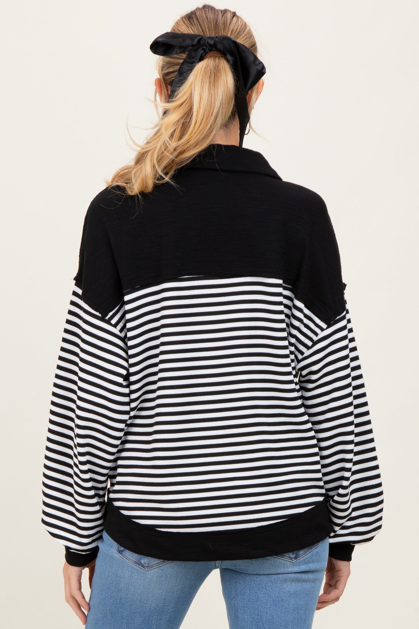 Black Striped Oversized Collared Pullover Maternity Top