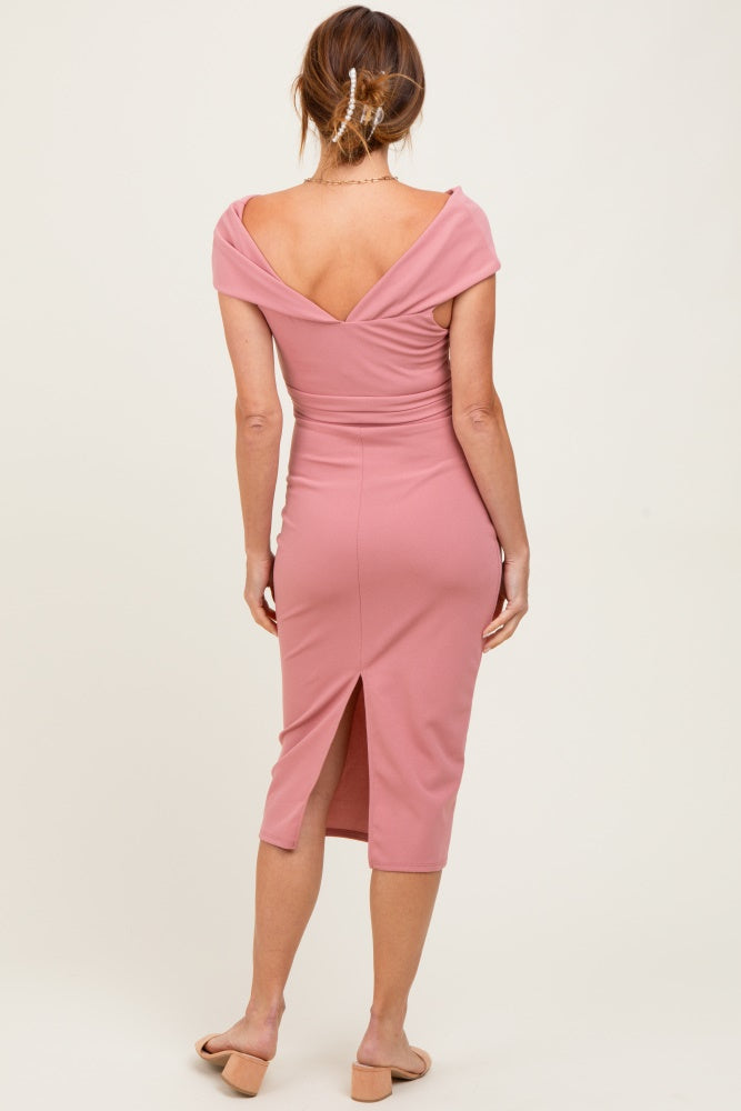 Pink Off Shoulder Fitted Midi Dress