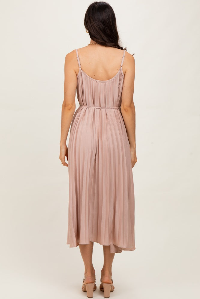 Mocha Pleated Sash Tie Midi Dress