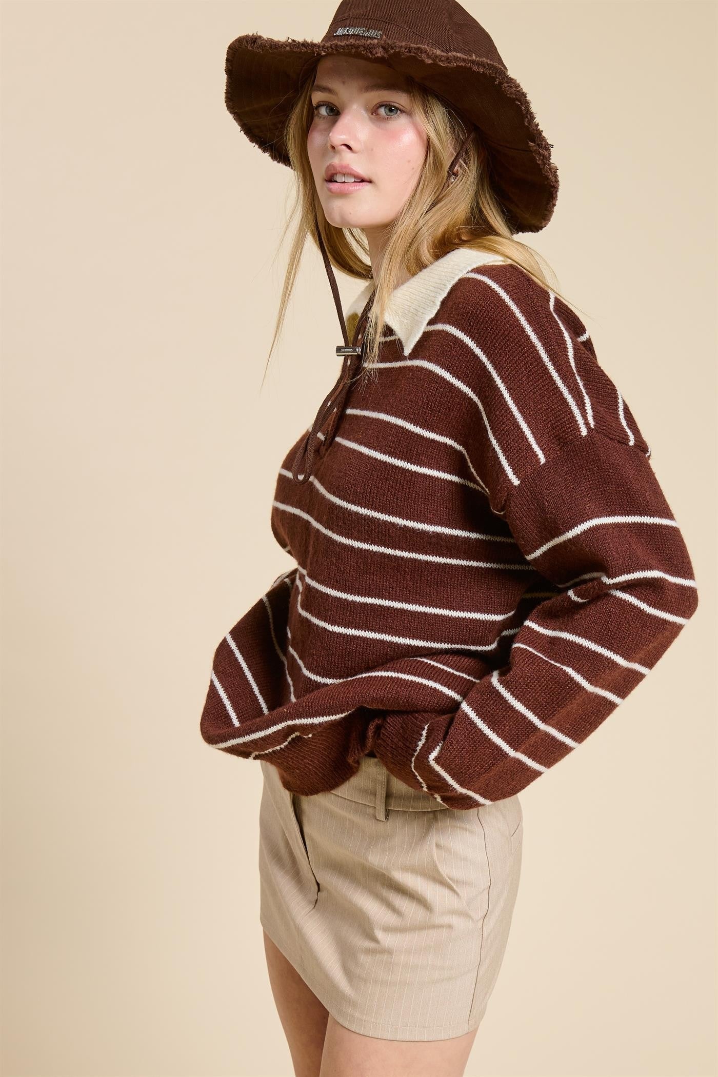 Brown Striped Knit Relaxed Fit Polo Sweater