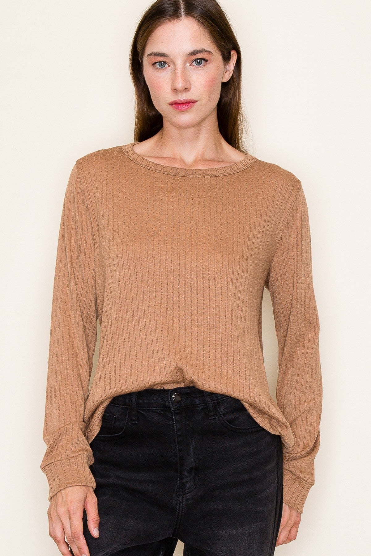 Camel Pointelle Knit Long Sleeve Top