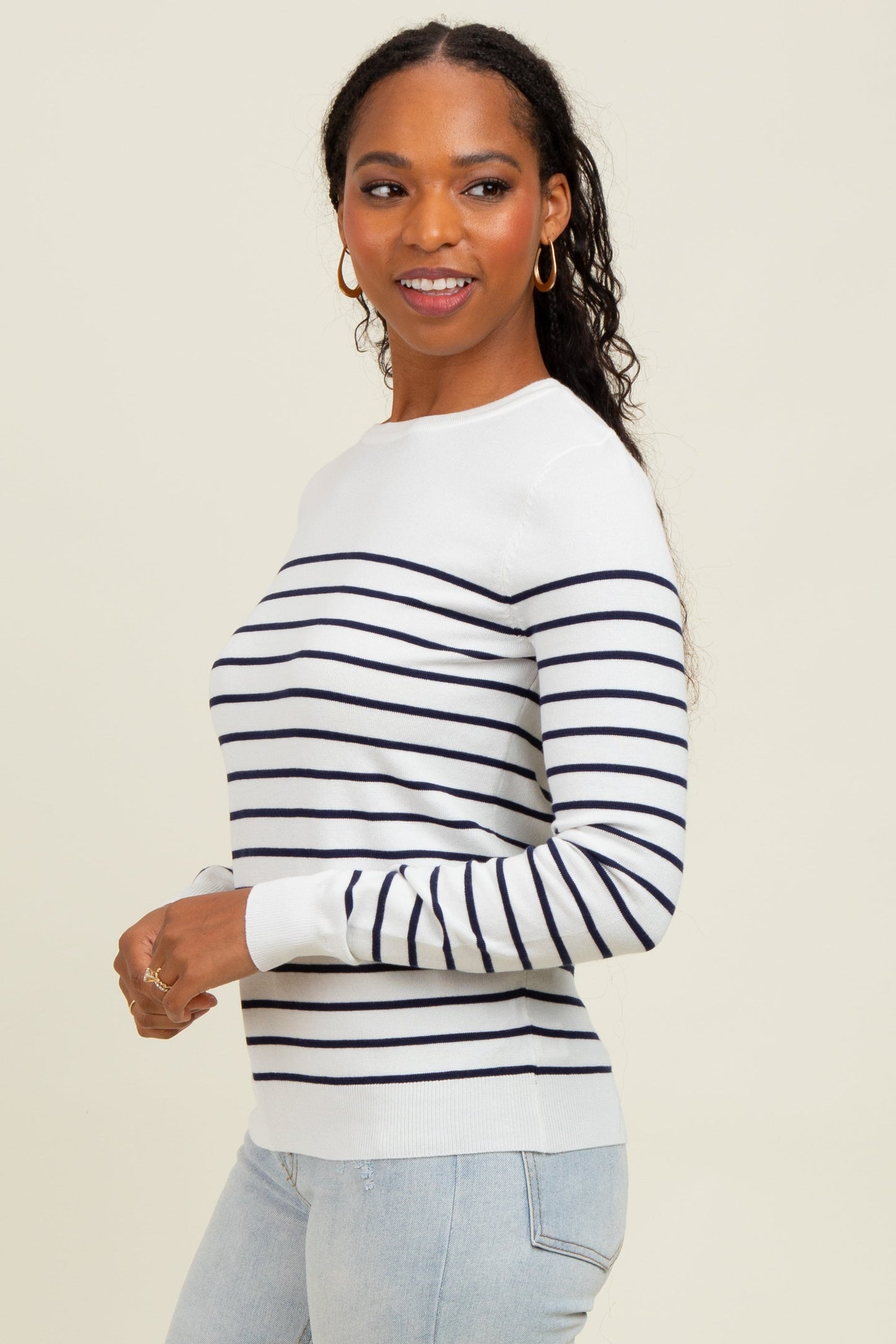 Navy Striped Knit Long Sleeve Top