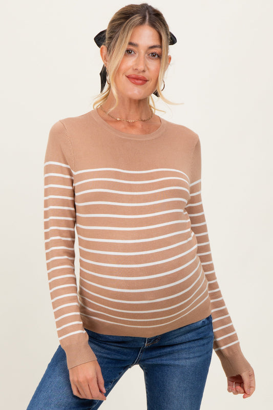 Camel Striped Knit Maternity Long Sleeve Top