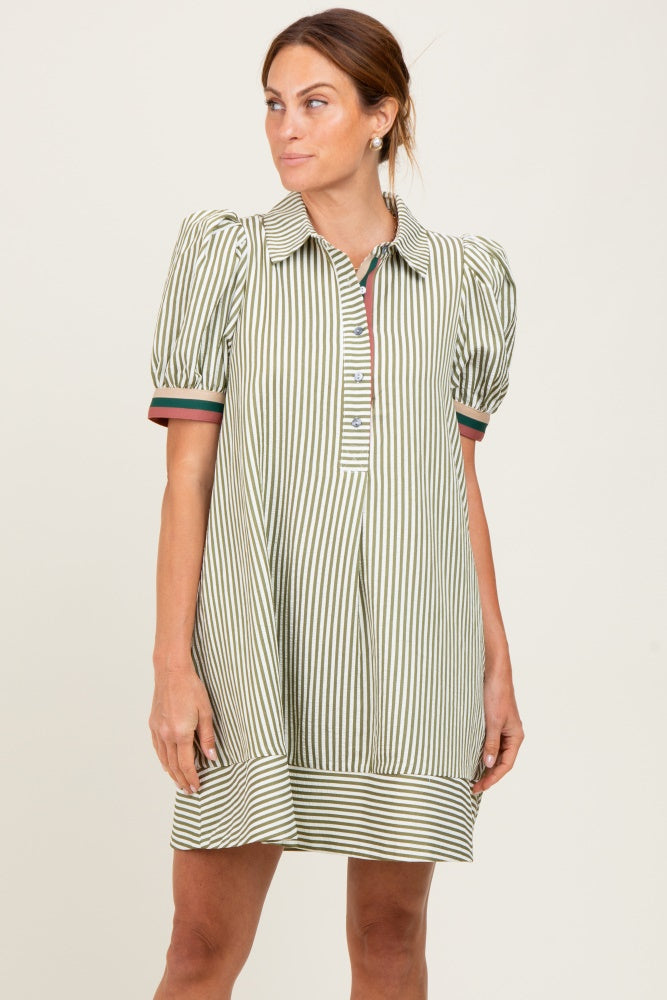 Light Olive Striped Puff Sleeve Maternity Mini Shirt Dress
