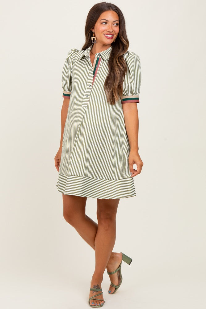 Light Olive Striped Puff Sleeve Maternity Mini Shirt Dress