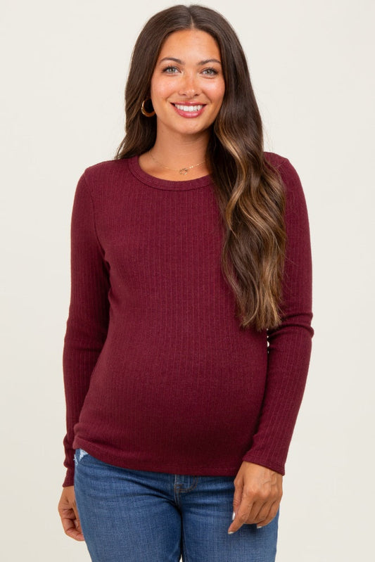 Burgundy Ribbed Knit Maternity Long Sleeve Top