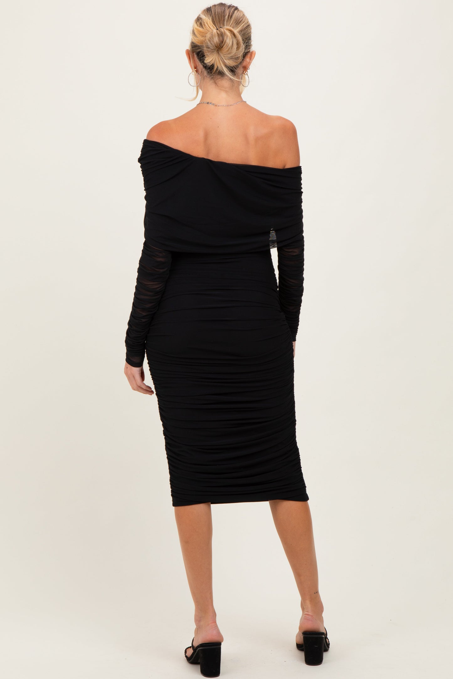 Black Ruched Mesh Off Shoulder Long Sleeve Maternity Midi Dress