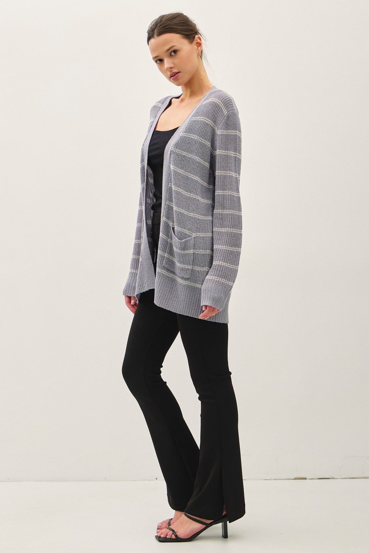 Blue Grey Fine Knit Striped Open Cardigan