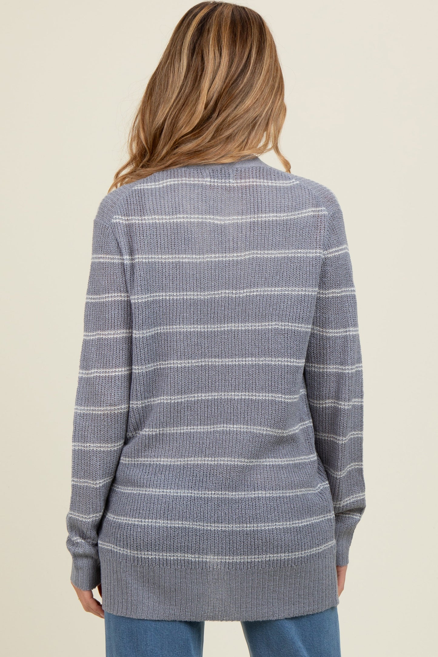 Blue Grey Fine Knit Striped Maternity Open Cardigan
