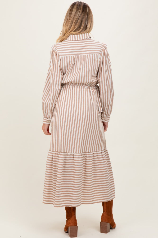 Mocha Striped Collared Button Down Waist Tie Maternity Maxi Dress
