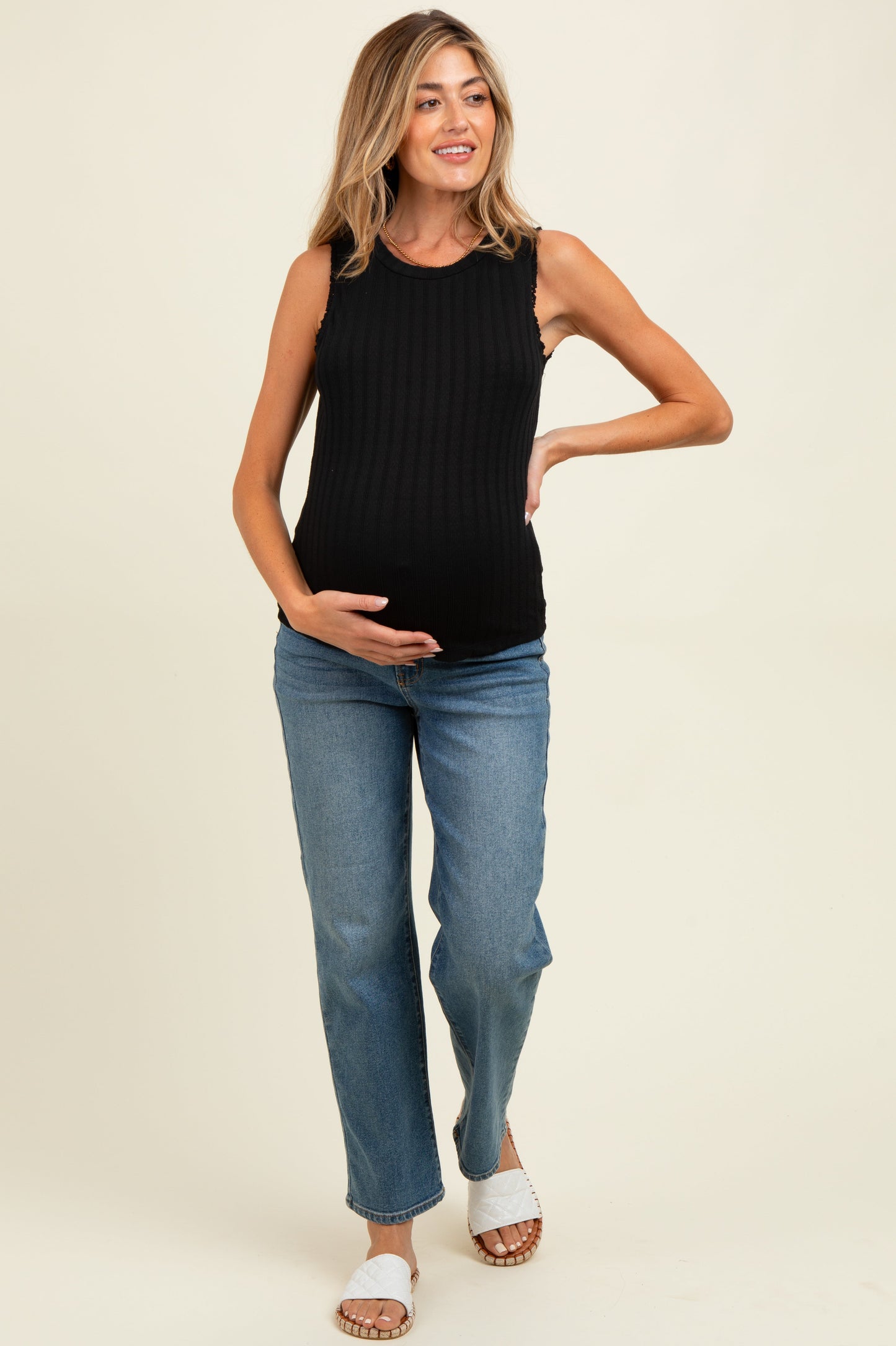 Black Textured Rib Ruffle Detail Maternity Tank Top