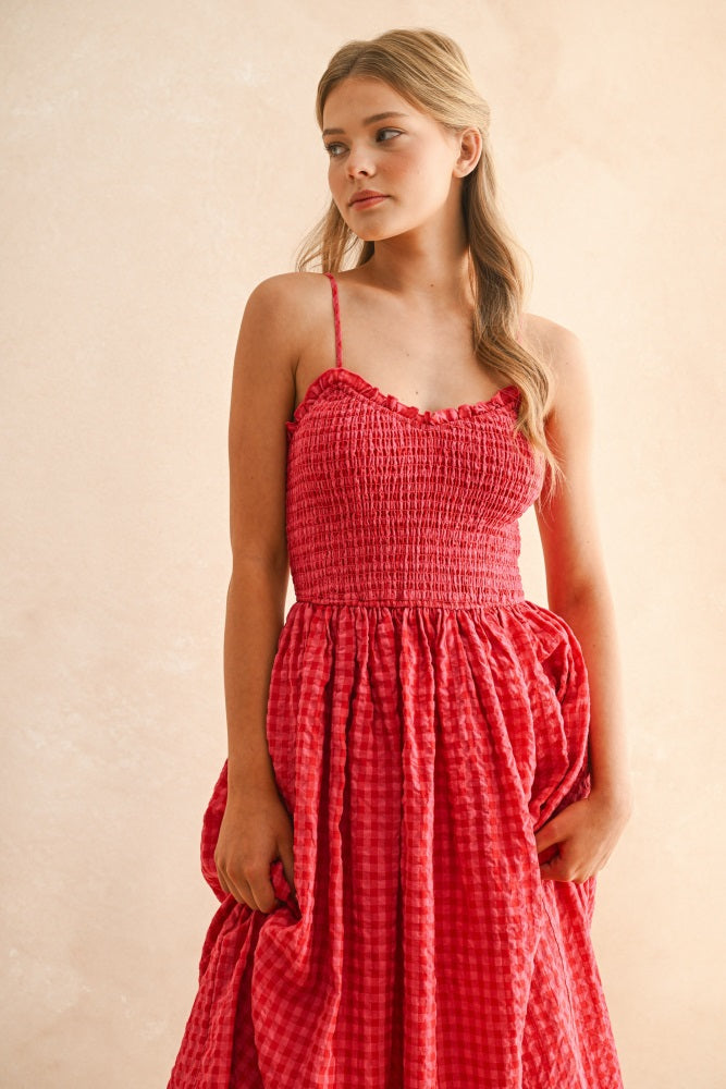 Red Gingham Smocked Ruffle Accent Maxi Dress