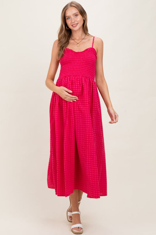Red Gingham Smocked Ruffle Accent Maternity Maxi Dress