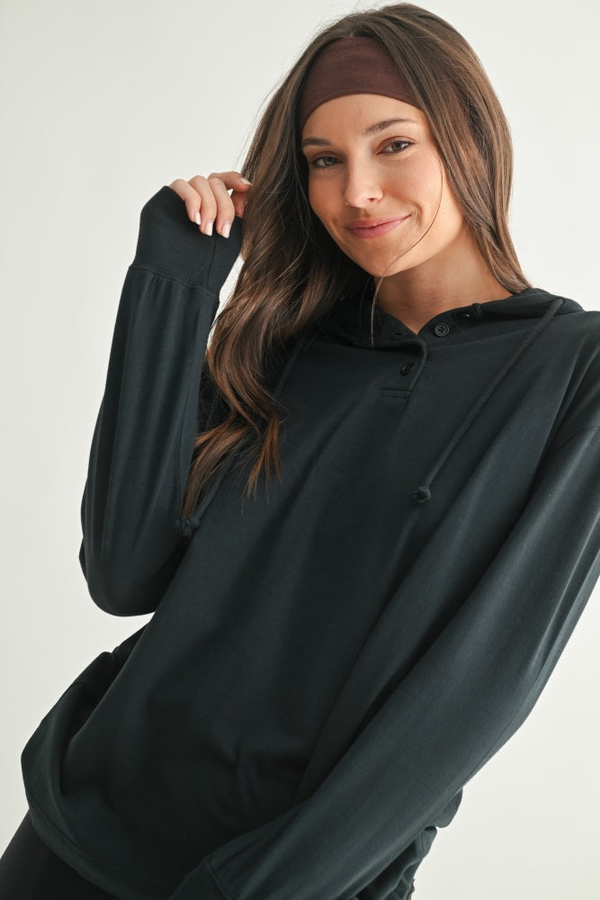 Navy Button Up Maternity Hooded Long Sleeve Top