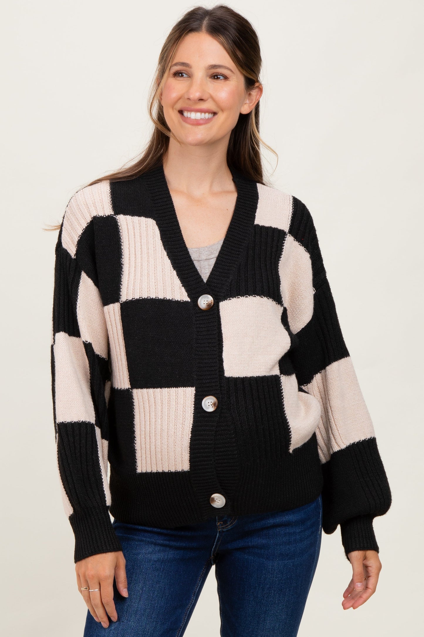 Black Checkered Rib Bubble Sleeve Button Maternity Cardigan