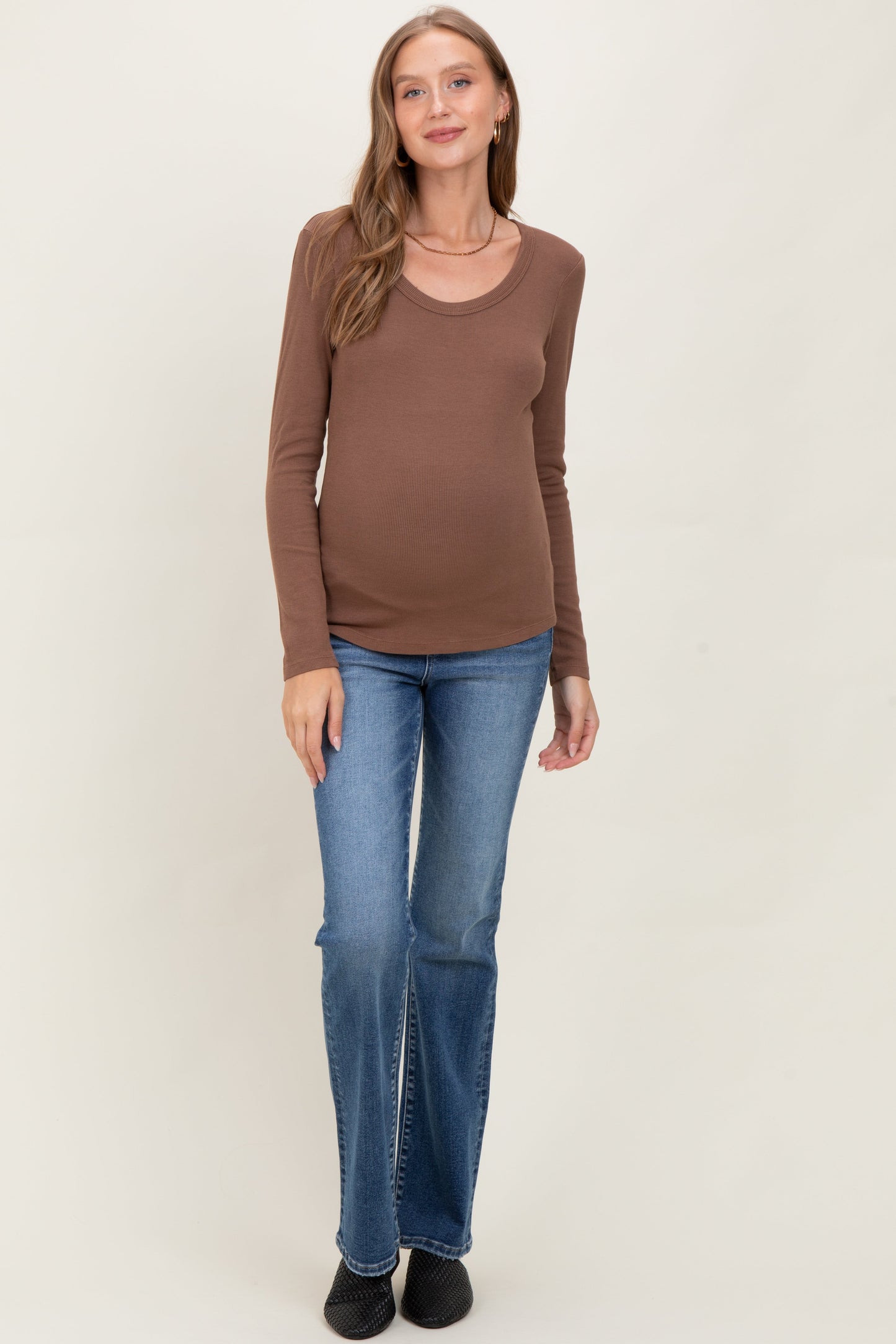 Mocha Fine Rib Scoop Neck Maternity Long Sleeve Top