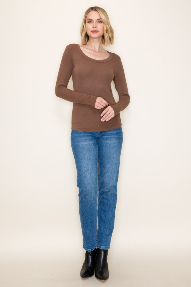 Mocha Fine Rib Scoop Neck Long Sleeve Top