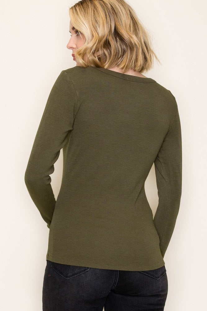 Olive Fine Rib Scoop Neck Long Sleeve Top