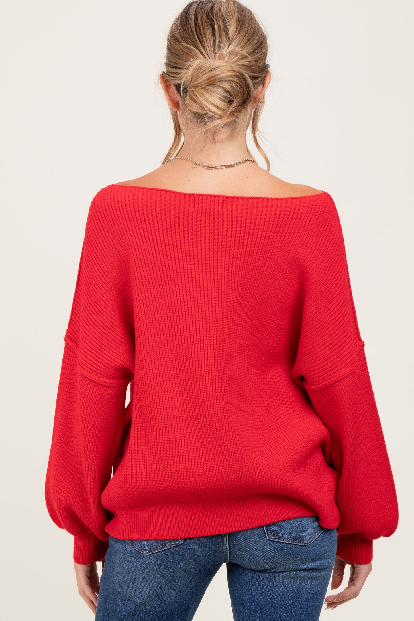 Red Balloon Sleeve Boat Neck Knit Maternity Sweater